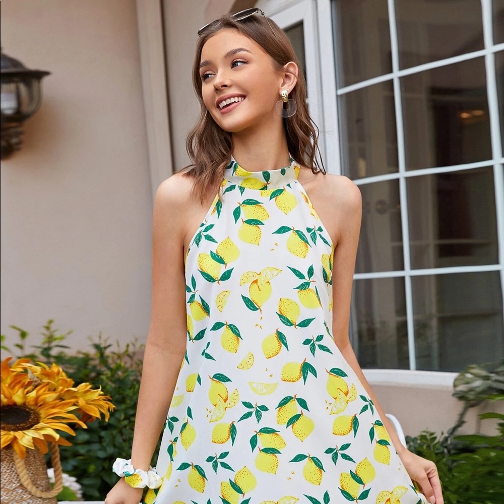 SHEIN Allover Lemon Print Tie Back Halter Dress